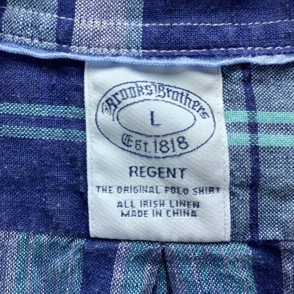 Brooks Brothers Irish Linen Shirt Mens Large Blue Plaid Regent Button‎ Down - Picture 14 of 15